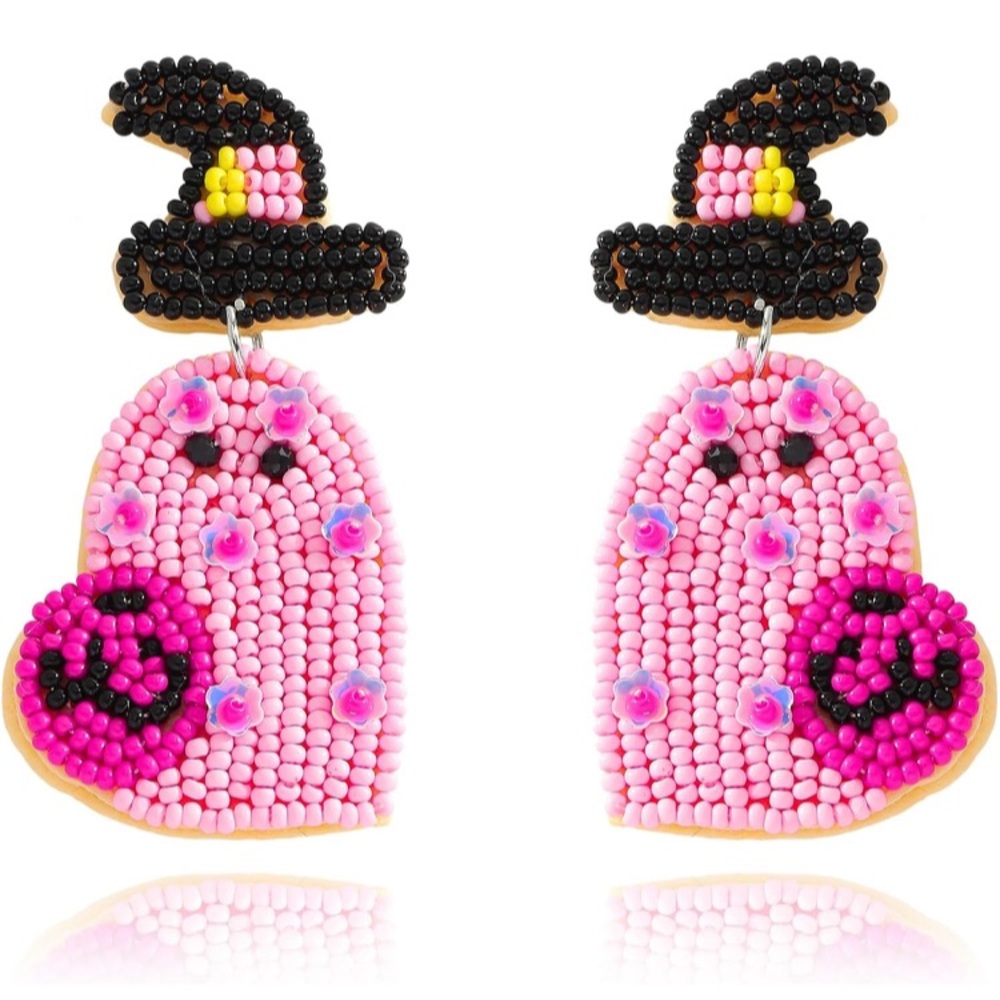 Pink Beaded Ghost Earrings with Witch Hat